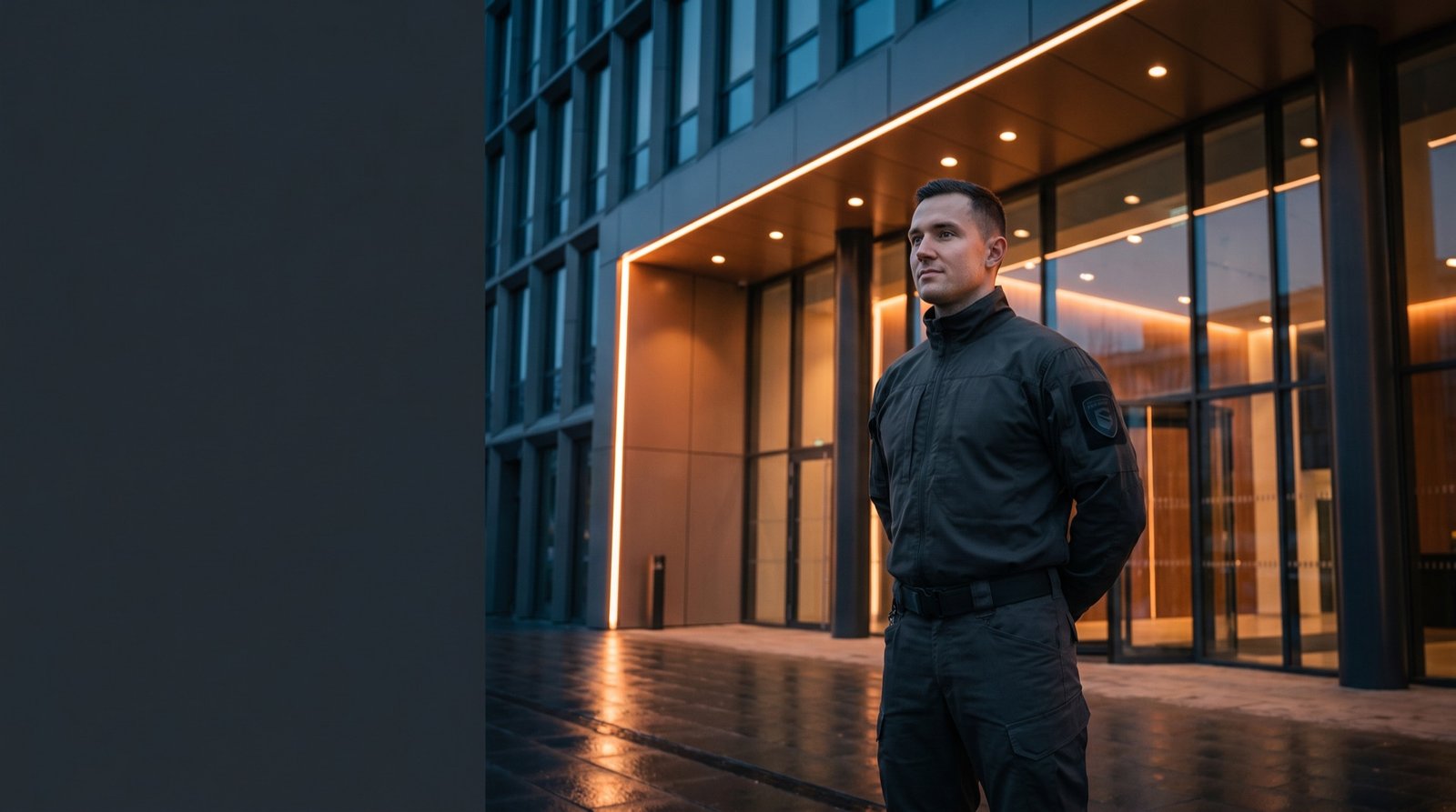 Agent de sécurité EMPREINTE SECURITE devant un site professionnel
